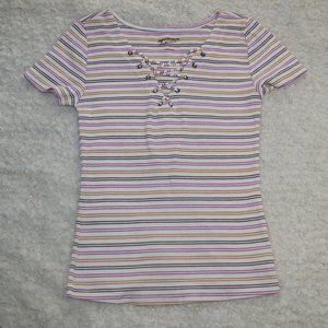 Arizona Jeans Striped Lace Up Short Sleeve Top